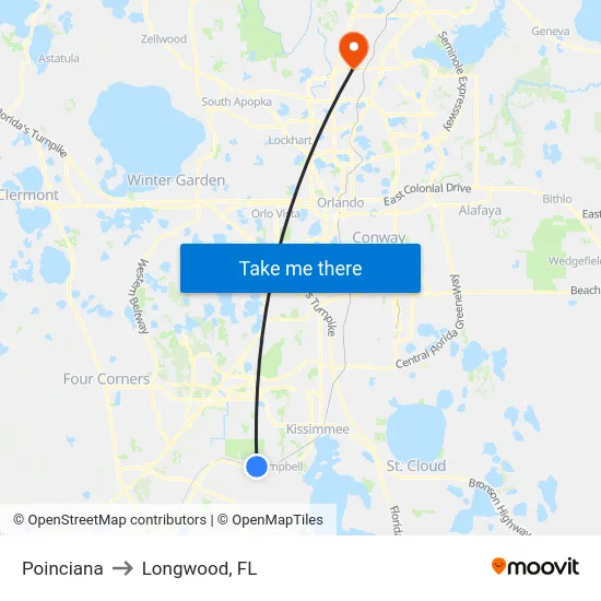 Poinciana to Longwood, FL map