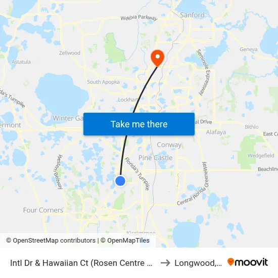 Intl Dr & Hawaiian Ct (Rosen Centre Hotel) to Longwood, FL map