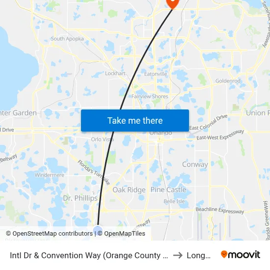 Intl Dr & Convention Way (Orange County Convention Ctr West Concourse) to Longwood, FL map