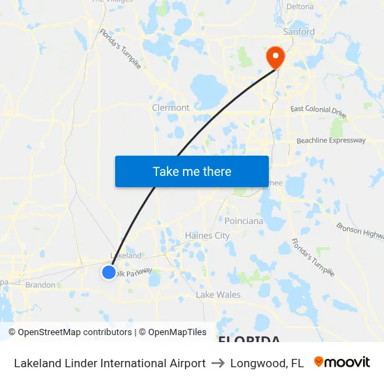 Lakeland Linder International Airport to Longwood, FL map