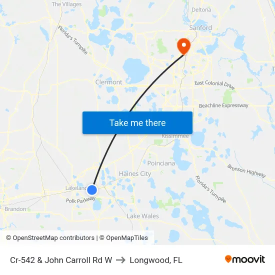 Cr-542 & John Carroll Rd W to Longwood, FL map