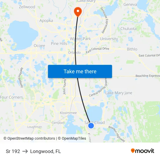 Sr 192 to Longwood, FL map
