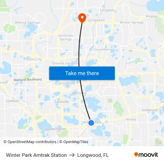 Winter Park Amtrak Station to Longwood, FL map