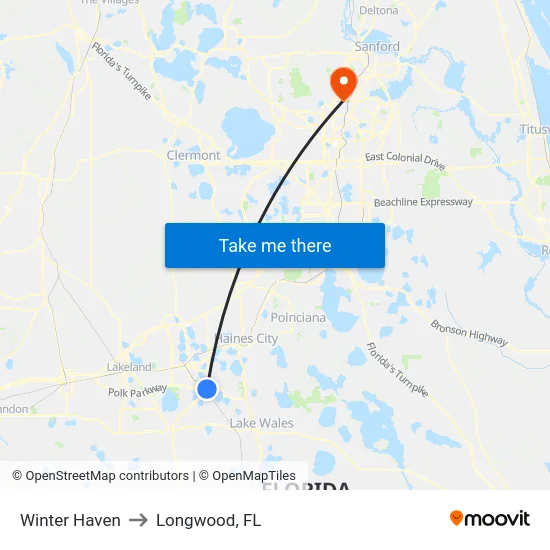 Winter Haven to Longwood, FL map