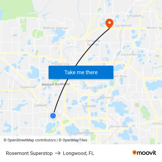 Rosemont Superstop to Longwood, FL map