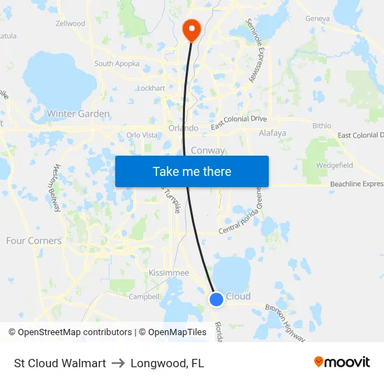 St Cloud Walmart to Longwood, FL map