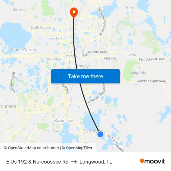 E Us 192 & Narcoossee Rd to Longwood, FL map