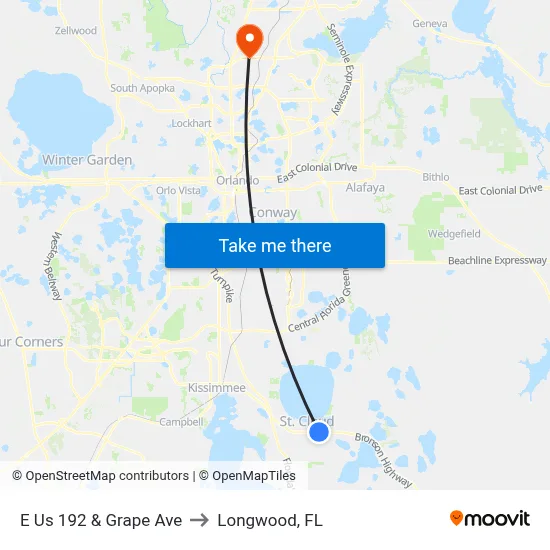 E Us 192 & Grape Ave to Longwood, FL map
