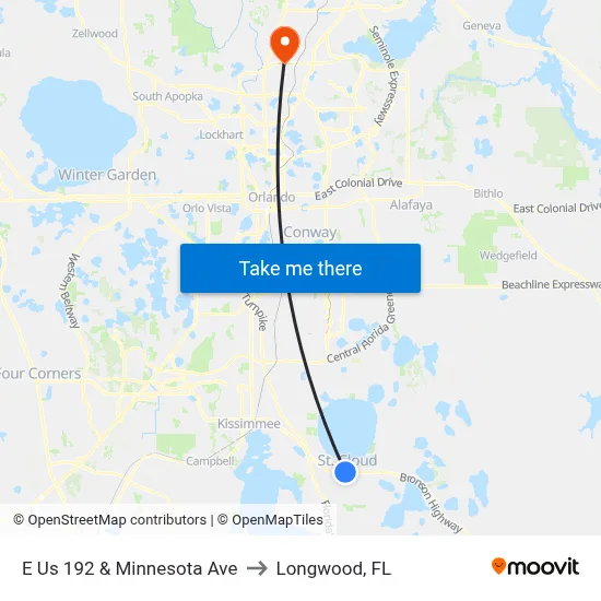 E Us 192 & Minnesota Ave to Longwood, FL map