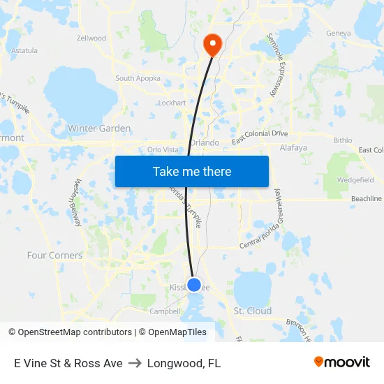 E Vine St & Ross Ave to Longwood, FL map