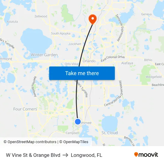 W Vine St & Orange Blvd to Longwood, FL map