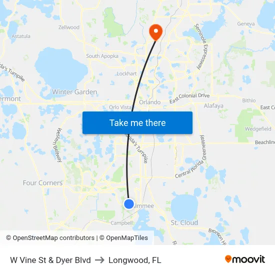 W Vine St & Dyer Blvd to Longwood, FL map