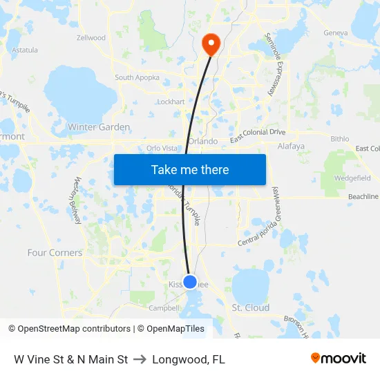 W Vine St & N Main St to Longwood, FL map