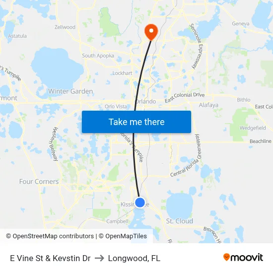E Vine St & Kevstin Dr to Longwood, FL map