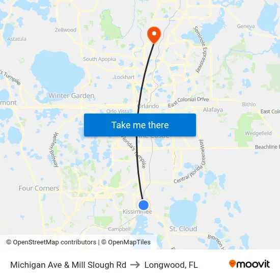 Michigan Ave & Mill Slough Rd to Longwood, FL map