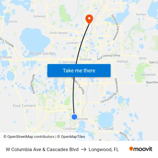 W Columbia Ave & Cascades Blvd to Longwood, FL map