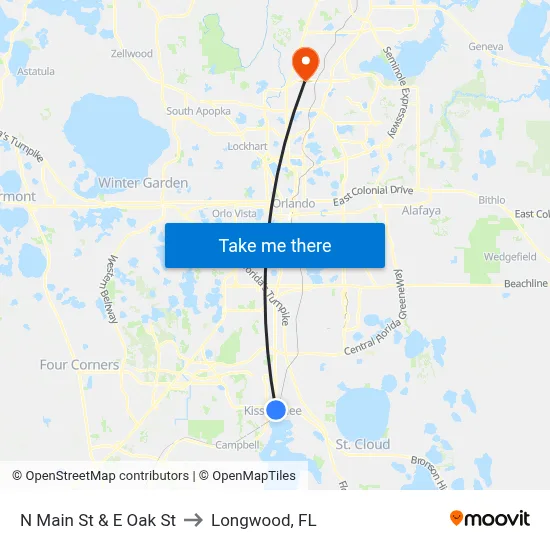 N Main St & E Oak St to Longwood, FL map