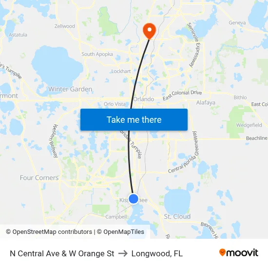 N Central Ave & W Orange St to Longwood, FL map