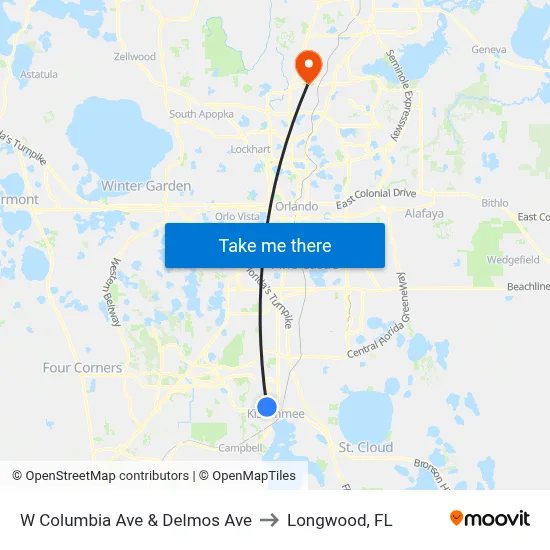 W Columbia Ave & Delmos Ave to Longwood, FL map