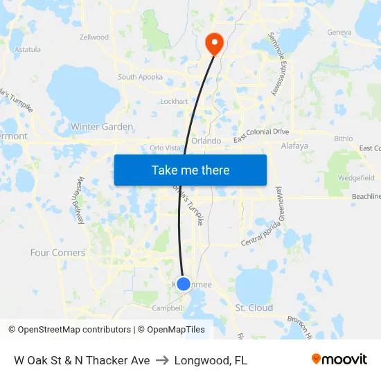 W Oak St & N Thacker Ave to Longwood, FL map
