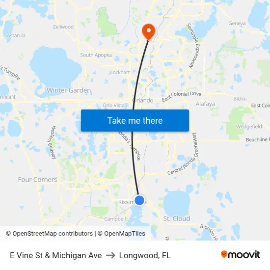 E Vine St & Michigan Ave to Longwood, FL map