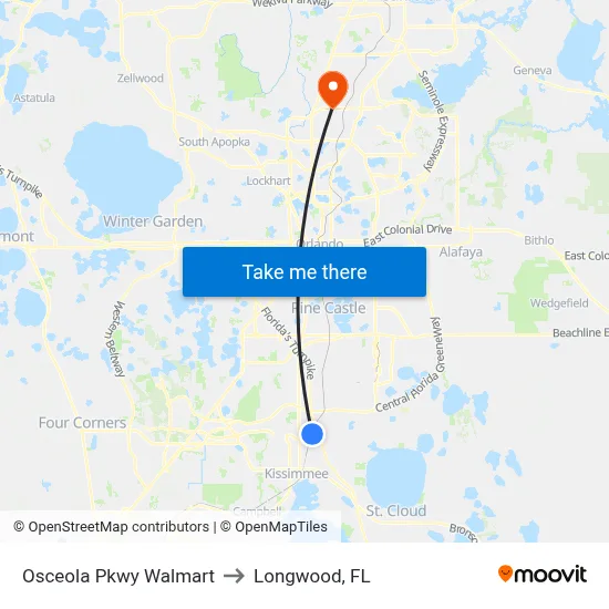 Osceola Pkwy Walmart to Longwood, FL map