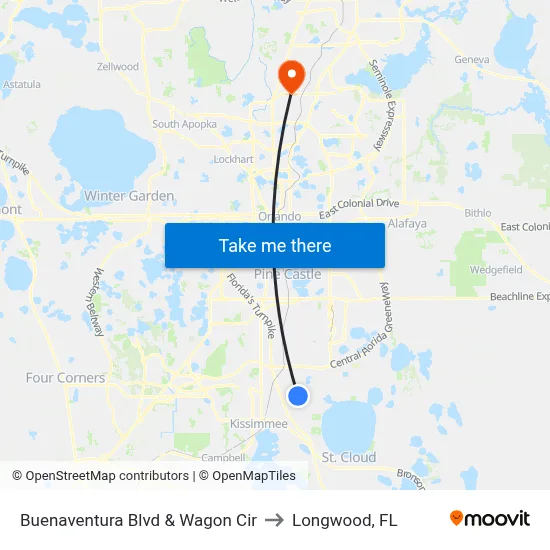 Buenaventura Blvd & Wagon Cir to Longwood, FL map