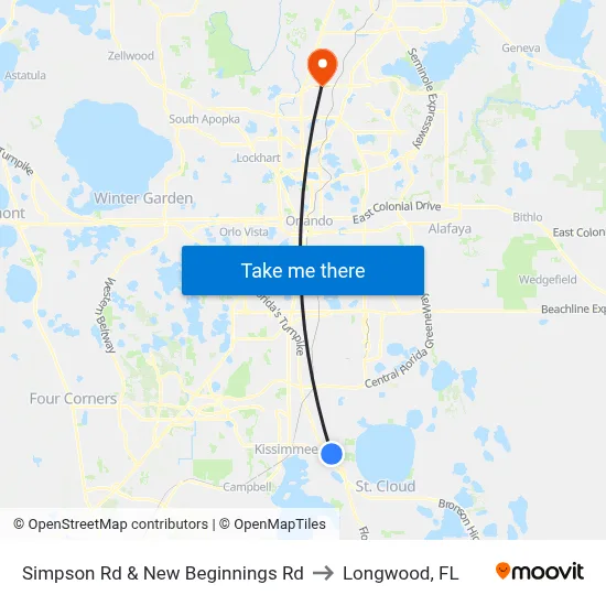 Simpson Rd & New Beginnings Rd to Longwood, FL map