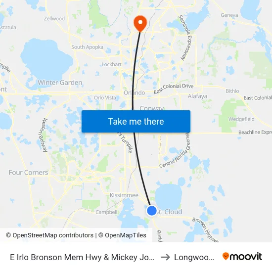 E Irlo Bronson Mem Hwy & Mickey Johnson Ct to Longwood, FL map