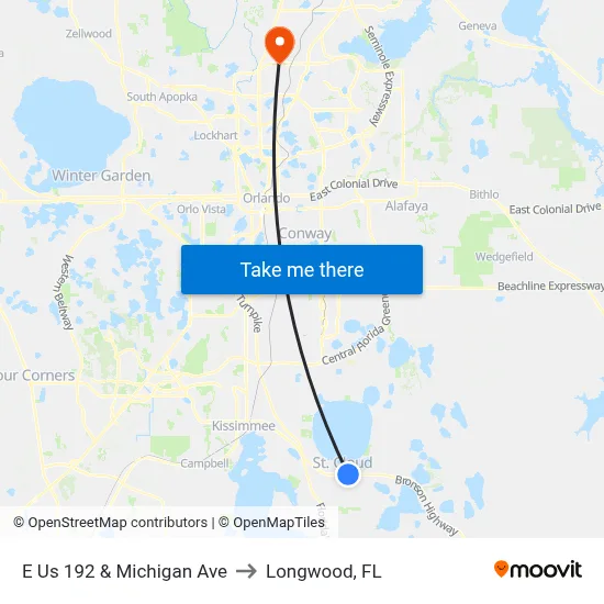 E Us 192 & Michigan Ave to Longwood, FL map