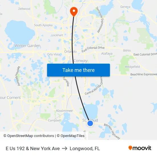 E Us 192 & New York Ave to Longwood, FL map