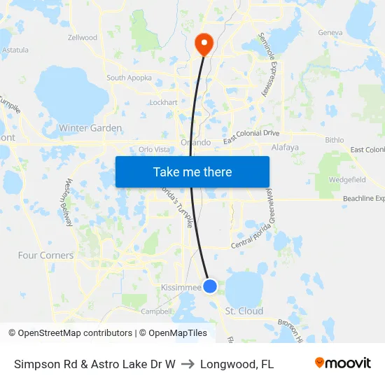 Simpson Rd & Astro Lake Dr W to Longwood, FL map
