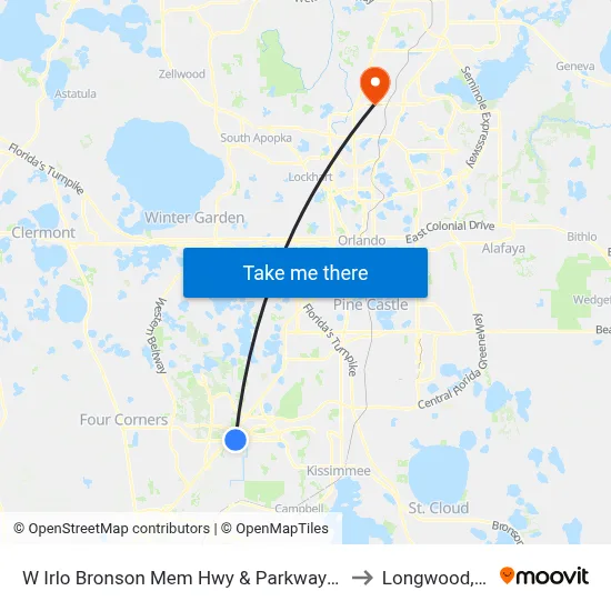 W Irlo Bronson Mem Hwy & Parkway Blvd to Longwood, FL map
