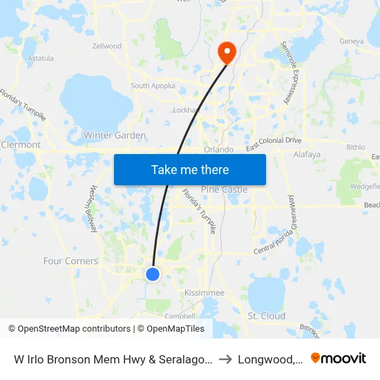 W Irlo Bronson Mem Hwy & Seralago Blvd to Longwood, FL map
