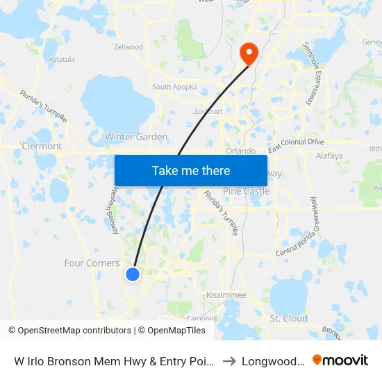 W Irlo Bronson Mem Hwy & Entry Point Blvd to Longwood, FL map