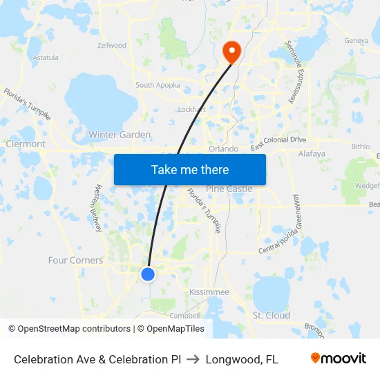 Celebration Ave & Celebration Pl to Longwood, FL map