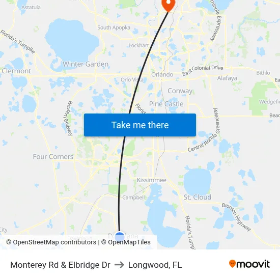 Monterey Rd & Elbridge Dr to Longwood, FL map