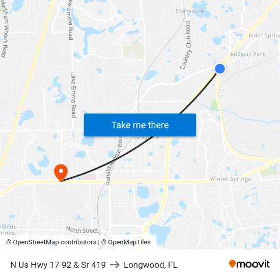 N Us Hwy 17-92 & Sr 419 to Longwood, FL map