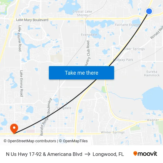 N Us Hwy 17-92 & Americana Blvd to Longwood, FL map