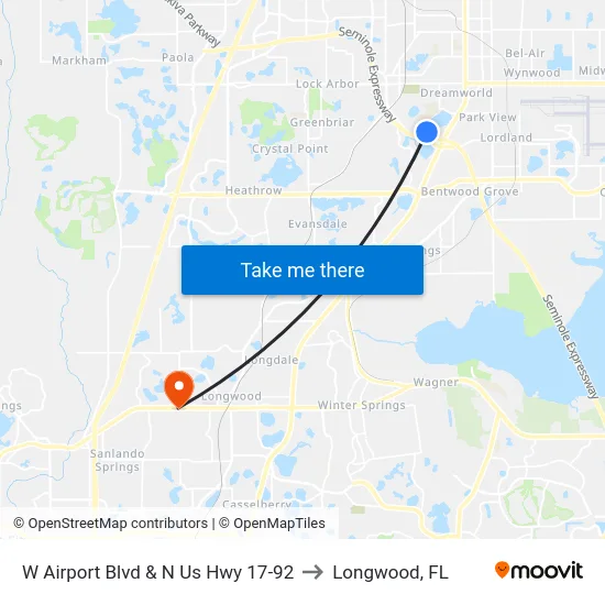 W Airport Blvd & N Us Hwy 17-92 to Longwood, FL map