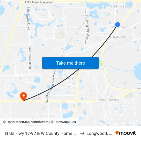 N Us Hwy 17-92 & W County Home Rd to Longwood, FL map