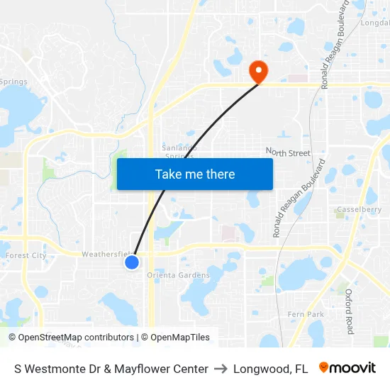 S Westmonte Dr & Mayflower Center to Longwood, FL map