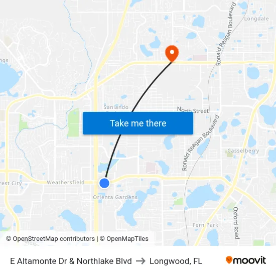 E Altamonte Dr & Northlake Blvd to Longwood, FL map