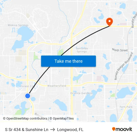 S Sr 434 & Sunshine Ln to Longwood, FL map