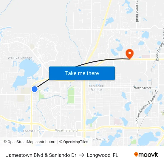 Jamestown Blvd & Sanlando Dr to Longwood, FL map
