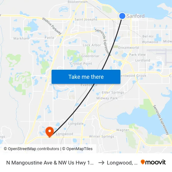 N Mangoustine Ave & NW Us Hwy 17-92 to Longwood, FL map
