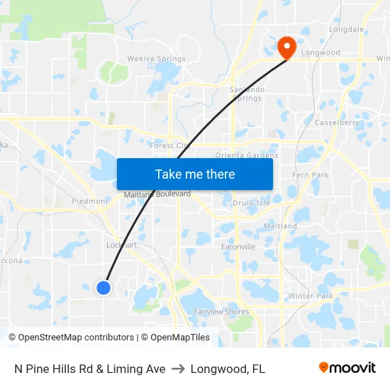 N Pine Hills Rd & Liming Ave to Longwood, FL map