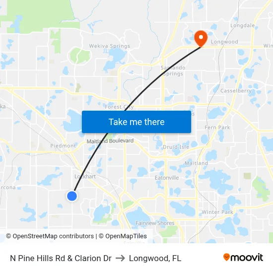 N Pine Hills Rd & Clarion Dr to Longwood, FL map