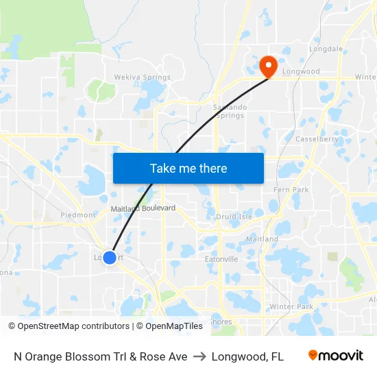 N Orange Blossom Trl & Rose Ave to Longwood, FL map