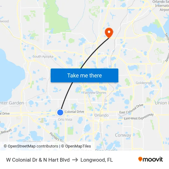 W Colonial Dr & N Hart Blvd to Longwood, FL map